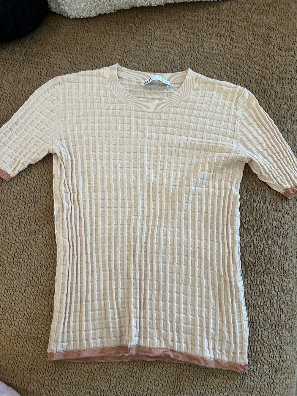 Zara Cream Waffle-Knit Short Sleeve Sweater with Pink Accents